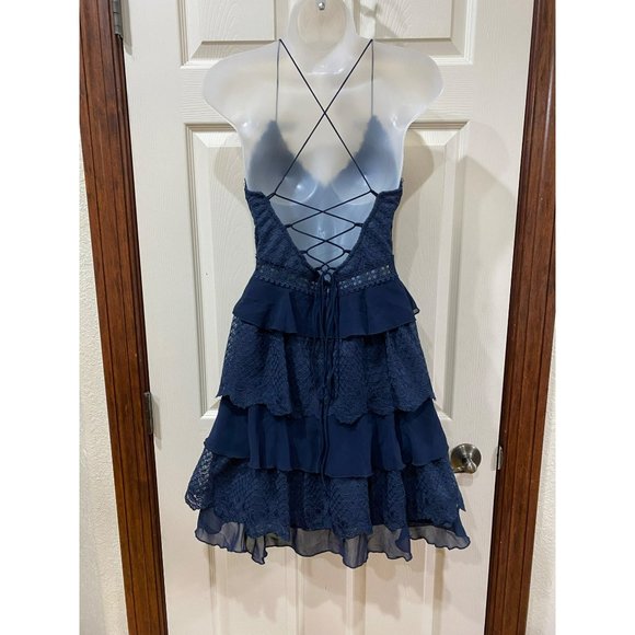 Twosisters Navy Lace & Chiffon Tiered Ruffle Mini Dress With Strappy Back Design - Picture 8 of 12